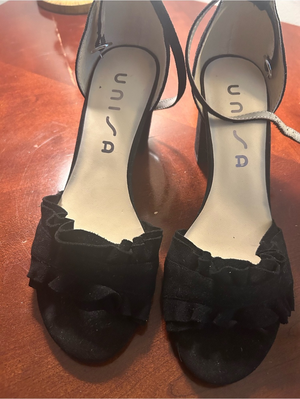 Unisa Black Ruffle Open-Toe Ankle Strap Heels